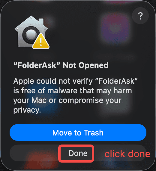 macOS warning dialog showing FolderAsk cannot be opened because it could not be verified