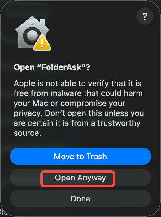 macOS Privacy and Security settings with the Open Anyway button for FolderAsk