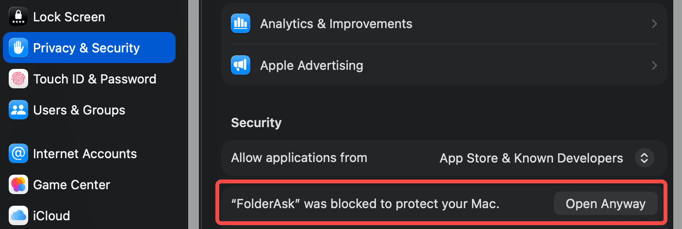 macOS Privacy and Security settings showing FolderAsk was blocked from use